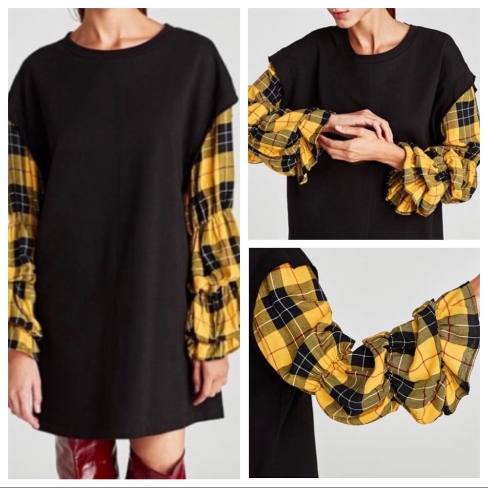 Zara Yellow Plaid Checked Combination Black Dress/Tunic L